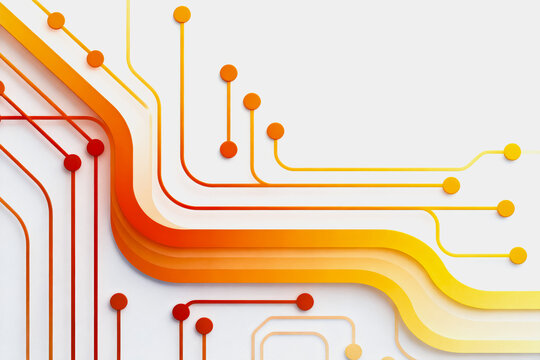 Stylized abstract electronic circuit design with colored traces and connection nodes on a white background.