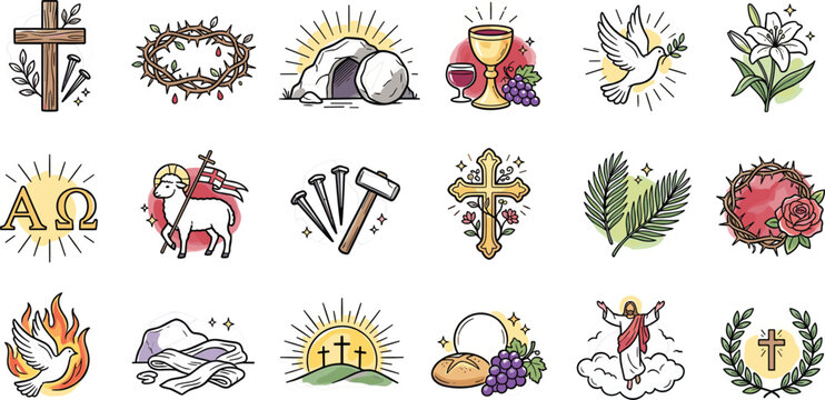 Hand drawn Christian Easter vector icon set featuring holy cross resurrection open tomb crown of thorns communion chalice and religious symbols isolated on white background