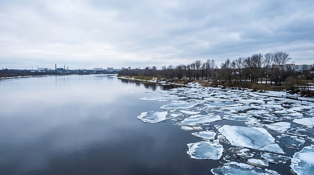 Frozen ice floes floating along the river bank in winter landscape