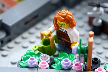 Obraz premium Tambov, Russian Federation - June 24, 2026 A Lego woman gardener minifigure with a green watering can near a blooming flower bed on a city rooftop garden.