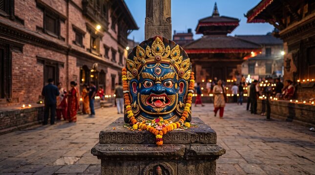 Indra Jatra, a fierce traditional wooden mask of Akash Bhairab painted in vibrant blue and gold, resting on a stone pedestal
