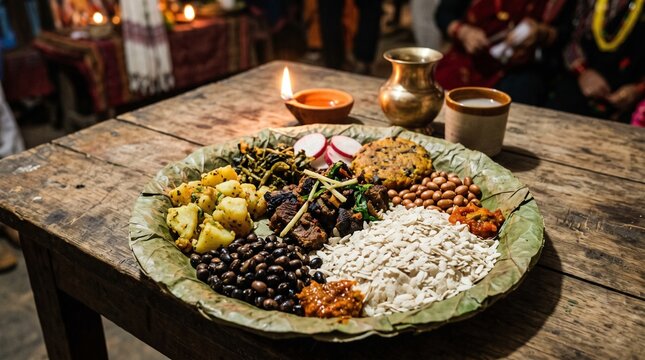 Indra Jatra food, a traditional Newari platter of Samay Baji including beaten rice, roasted meat, and black soybeans on a leaf plate