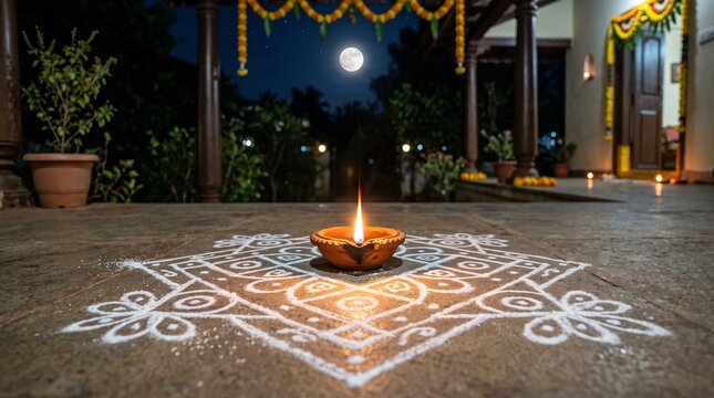 Bhadrapada Purnima, a traditional clay diya lamp with a bright flame sitting in the center of a white geometric chalk rangoli design on a clean veranda floor