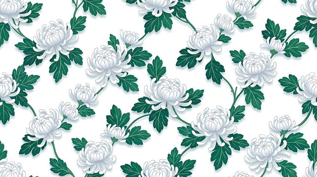 White chrysanthemum seamless floral pattern with green leaves