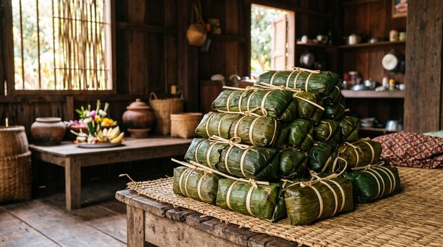 Pchum Ben food, traditional Cambodian steamed rice cakes Num Ansom wrapped in green banana leaves and tied with bamboo strings