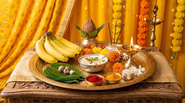 Bhadrapada Purnima celebration, a brass puja thali arranged with fresh bananas, betel leaves, a bowl of sweet panchamrit, and a burning diya lamp
