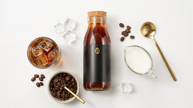 Cold brew coffee bottle with glass, milk pitcher, and roasted coffee beans