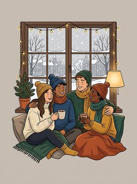 Diverse friends enjoying warm drinks and winter scenery together