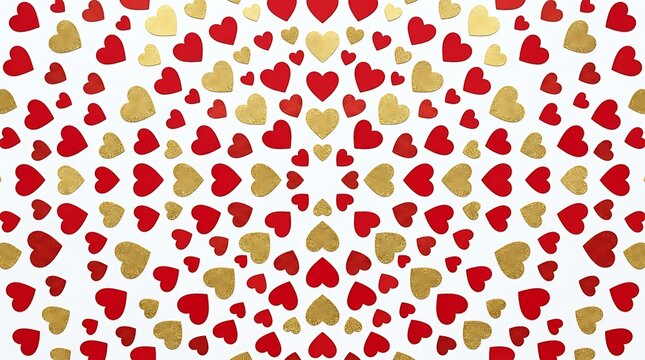 Circular pattern of red and gold hearts on a white background