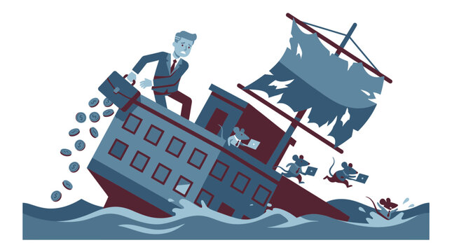 Businessman abandoning sinking ship, coins falling, mice escaping