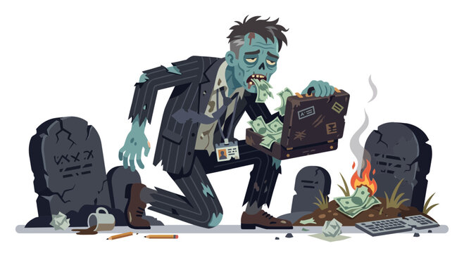 Business Zombie Kneeling in Graveyard Eating Money From Briefcase
