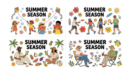 Fototapeta premium Summer Season Collection: A vibrant collage depicting various scenes of summer enjoyment, featuring children flying kites, friends playing frisbee.