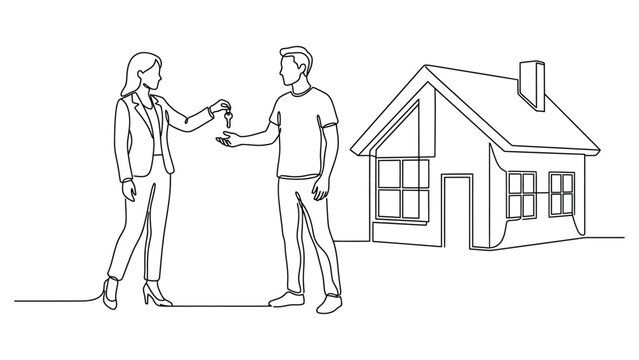 Continuous line drawing of a female real estate agent handing house keys to a man