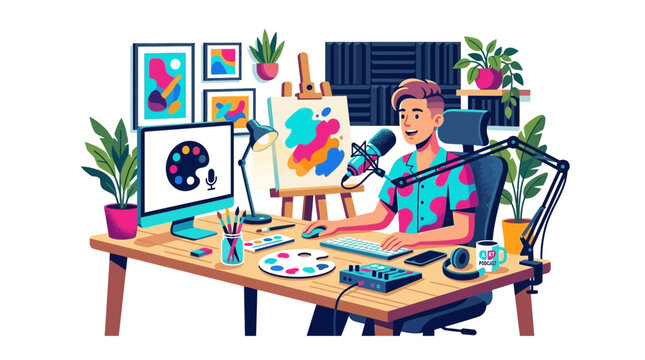 Artist Streaming Online: Digital Art Creation and Podcast Recording Setup