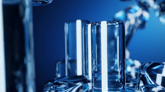 Abstract arrangement of blue, transparent geometric shapes with glowing white interiors against a gradient blue background.