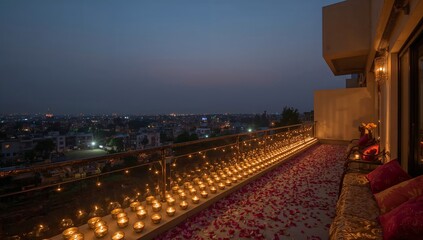 Fototapeta premium Celebration on the Balcony With Lights and Flowers in the Evening Sky