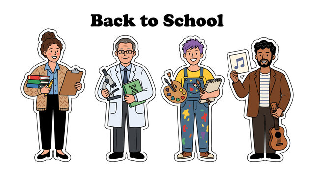 Back to School - A Montage of Educators: Four distinct educators, representing academics, science, arts, and music, stand ready to inspire and educate the next generation.
