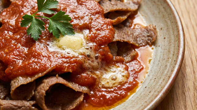 Delicious Iskender Kebab with Tomato Sauce and Butter Close Up