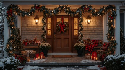 Fototapeta premium Holiday Decorations on a House Entrance With Lights and Plants in Winter at Night