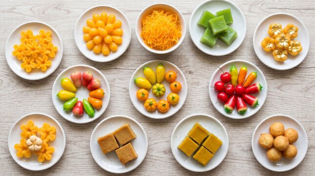 Assortment of traditional Thai desserts including Thong Yip, Thong Yod, Foi Thong, and Luk Chup on a wooden background, top view
