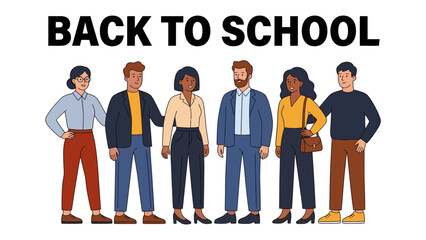 Back to School Group: A diverse group of adults stands together, ready to embrace education and new beginnings. The Back to School text signifies a fresh start. © Karima