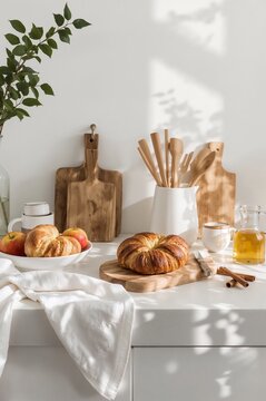 Baking and Serving Fresh Pastries and Apples on a Kitchen Counter With Wooden Utensils in Natural Light