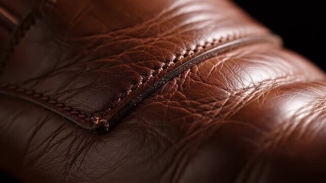 A close-up macro shot of a person's finger touching the textured surface of brown leather.