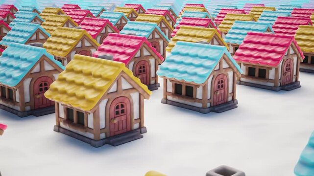 Multicolored Stylized 3D Houses in a Row Panning Shot