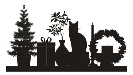 Obraz premium Silhouette of Christmas decorations with tree candles and festive ornaments in black microcuts design for seasonal holiday imagery