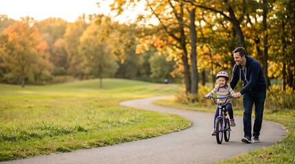 Fototapeta premium Happy father teaching daughter to ride bicycle in a sunny park