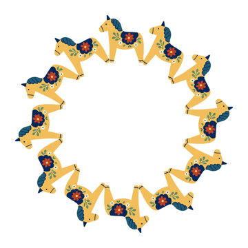 Circular frame with dala horse vector illustration, summer design.
