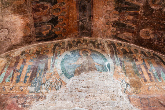 Interior of Mileseva Monastery showing medieval frescoes, orthodox altar, and holy relics. Beautiful indoor view of an ancient Serbian Orthodox church. Prijepolje, Serbia 29.05.2026