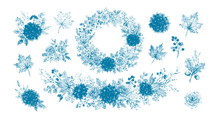 Halftone floral wreath and autumn leaves vector element set with grunge dither texture retro grunge halftone floral bouquets and elements with dot pattern effect © SUPON