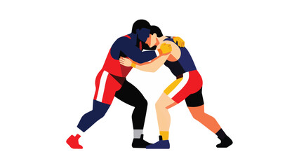 Obraz premium Two wrestlers in action wearing colorful uniforms engaging in a competitive match on a plain background