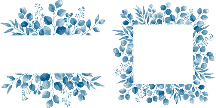 Blue halftone floral frame and border vector set with eucalyptus leaves retro dither grunge leaf border elements for wedding invitation background