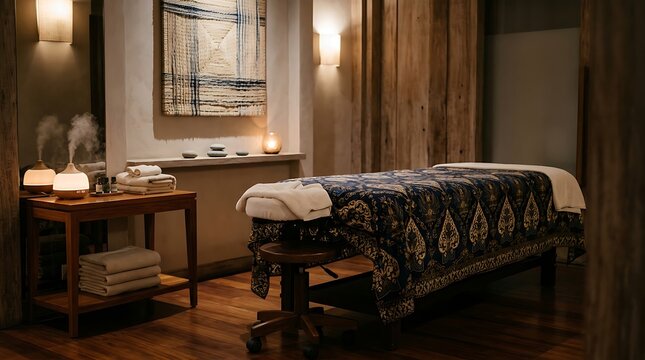 Luxury spa treatment room with massage bed and oil diffusers