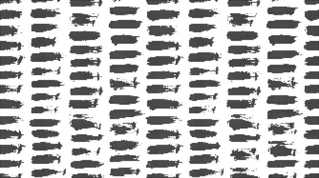 Halftone dither brush strokes pattern vector texture background abstract black and white grunge pixelated dithered elements set