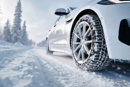 Winter Road Grip: A close-up of a modern white car tire with deep tread, navigating a snow-covered road, highlighting traction and safety in challenging winter conditions.