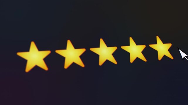 Video animation of a fictional website showing a mouse cursor clicking on a 1- to 5-star rating. Business concept for online star ratings.