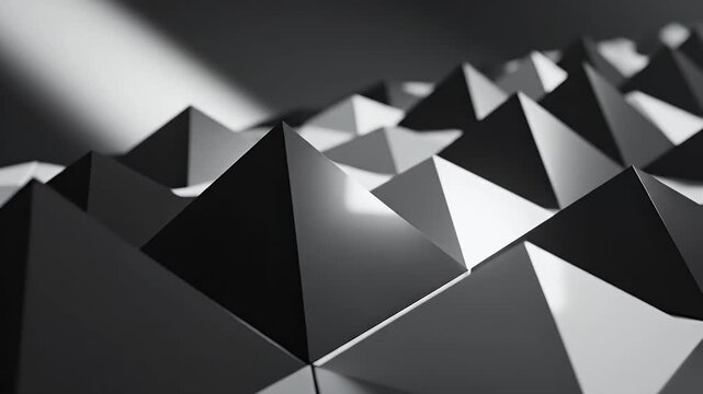 Abstract 3D geometric shapes in a monochrome palette.