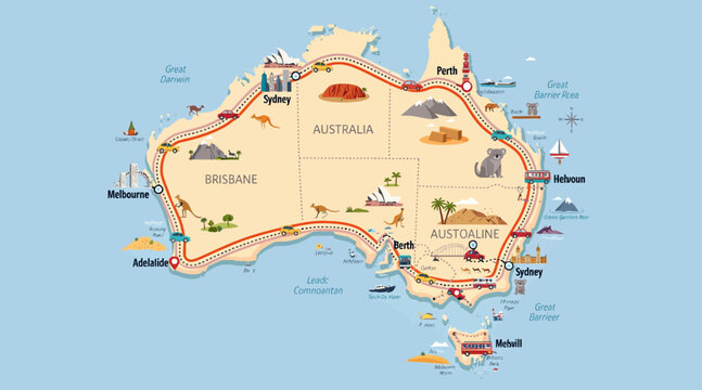 Australia Map Infographic Cartoon Style: Travel Destinations, Landmarks, Culture