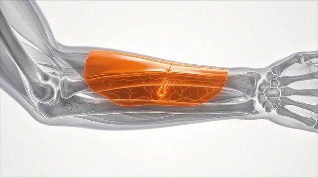 3D Medical Animation Human Forearm Muscle Cross Section Highlighted Orange Glow Showing Subcutaneous Layer Nerves Transparent Body White Background Healthcare