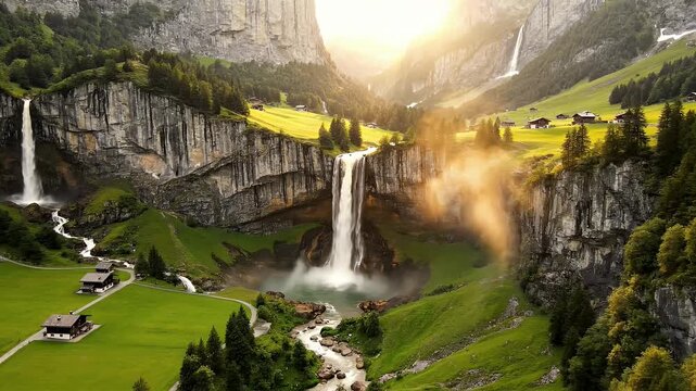 Majestic waterfalls cascade down lush green cliffs in a serene alpine valley with quaint village houses.
