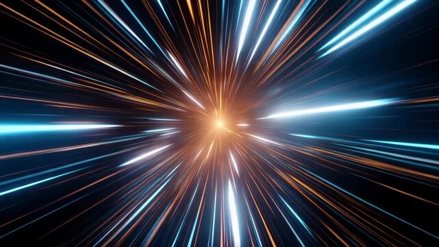 Abstract background with light streaks in motion, representing speed, warp drive, or hyperspace travel with orange and blue lines 4k video