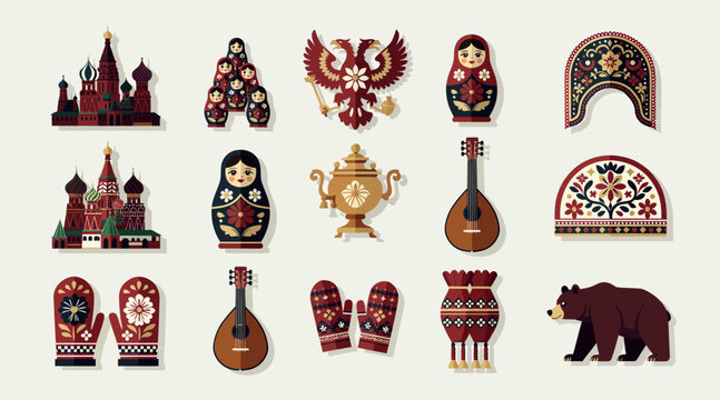 Russian Matryoshka Dolls, Kremlin, Bear, Samovar, Folk Art Iconography