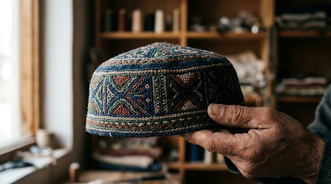 Traditional embroidered skullcap held by artisan in workshop