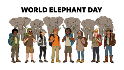 World Elephant Day Illustration: A diverse group of travelers stands together, celebrating World Elephant Day with illustrated elephants in the background. © asha