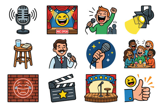 Colorful cartoon icons of comedy and open mic night with diverse people.