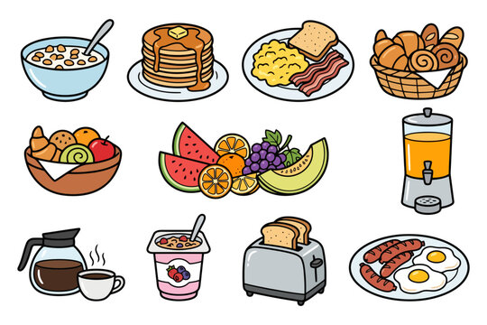 Delicious breakfast icons featuring pancakes, eggs, and fresh fruit selection.