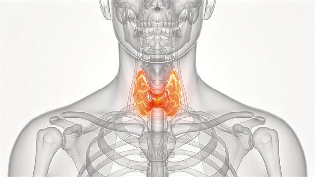 3D Medical Animation Human Thyroid Gland Anatomy Highlighted Orange Glow Inside Transparent Neck Body Skeleton White Background Endocrine Healthcare Concept